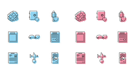 Set line Personal document, Plane with shield, Crumpled paper ball, Torn contract, Car, Filled form, Empty and Safe icon. Vector