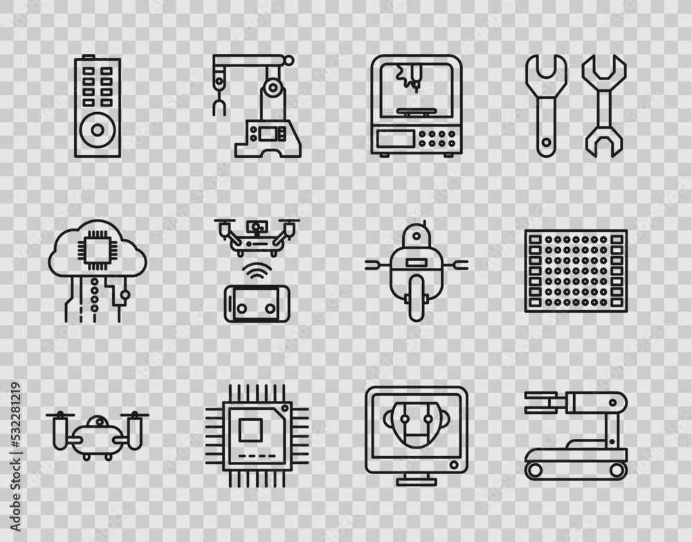 Poster set line drone flying with action camera, robot, 3d printer, processor microcircuits cpu, remote con
