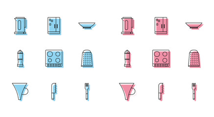 Set line Funnel or filter, Bread knife, Kettle with handle, Fork, Gas stove, Grater, Pepper and Refrigerator icon. Vector