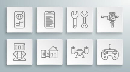 Set line Robot, Computer api interface, Smart home, Drone flying with action camera, Remote control, Spanner, Mechanical robot hand and screwdriver and Bot icon. Vector