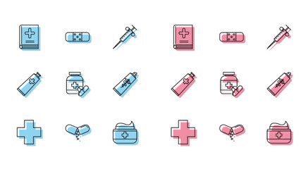 Set line Cross hospital medical, Medicine pill or tablet, Medical book, Ointment cream tube medicine, bottle and pills, and Bandage plaster icon. Vector