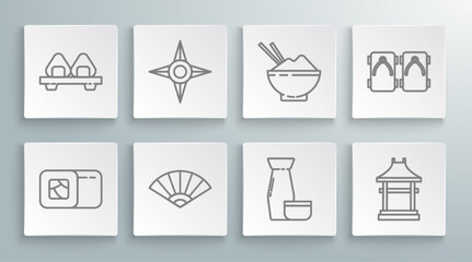 Set line Sushi, Japanese ninja shuriken, Paper chinese or japanese folding fan, Traditional tea ceremony, Gate, Rice bowl with chopstick, Geta traditional shoes and cutting board icon. Vector