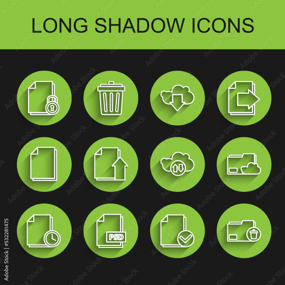Poster set line document with clock, psd file document, and, check mark, delete folder, upload, cloud stora