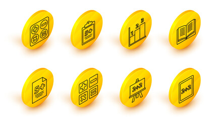 Set line Calculation, Calculator, Feather and inkwell, Equation solution, Graph, schedule, chart, diagram, Mathematics function sine and Square root icon. Vector