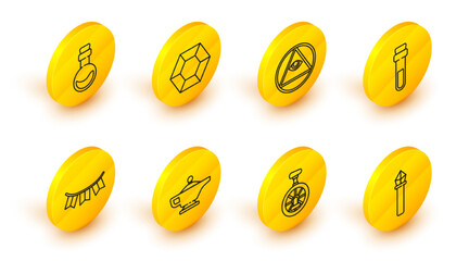 Set line Magic staff, Unicycle or one wheel bicycle, lamp Aladdin, Carnival garland with flags, Bottle love potion, Masons, stone and icon. Vector © Oksana