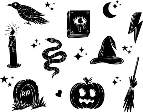 halloween icons set and magic set of hand drawn 