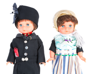 Two puppets with traditional clothes of Urk, a fishing village of the Netherlands isolated on transparent background