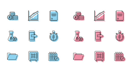 Set line Document folder, Safe, Coin money with dollar symbol, Calendar, Smartphone, mobile phone, Time is, Money bag and coin and Pie chart infographic icon. Vector