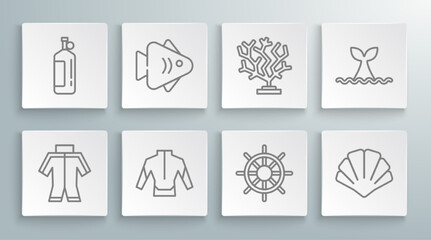 Set line Wetsuit, Fish, Ship steering wheel, Scallop sea shell, Coral, Whale tail ocean wave and Aqualung icon. Vector