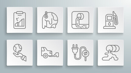 Set line Hands holding Earth globe, Global warming, Car exhaust, Electric saving plug leaf, Barrel oil leak, Wastewater, Petrol or gas station and icon. Vector
