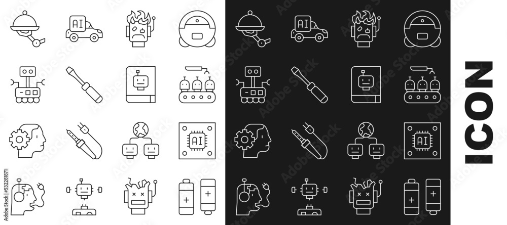 Poster set line battery, processor with microcircuits cpu, industrial production of robots, robot burned ou