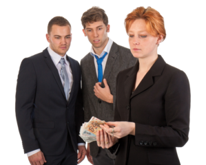 Female business woman is counting money with curious male collea