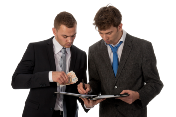 Businessman signing a contract. The deal is payed in cash money. isolated on transparent background