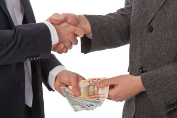 Two businessmen and paying money isolated on transparent background