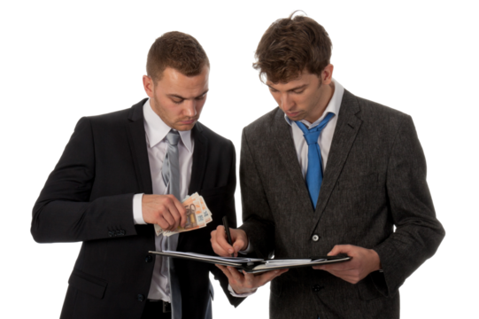 Businessman signing a contract. The deal is payed in cash money. isolated on transparent background - Powered by Adobe