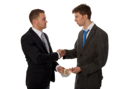 Businessman shaking hands. The deal is made and one businessman is paying the other. isolated on transparent background