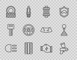 Set line High beam, Paint spray gun, Car air filter, tire wheel, Steering, Check engine and Gear shifter icon. Vector
