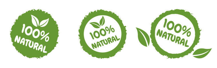 100% Green Healthy Organic Natural Eco Bio Food Products Label Stamp. Natural products stickers, label, badge and logo. Ecology icon. Logo template with green leaves for organic and eco friendly
