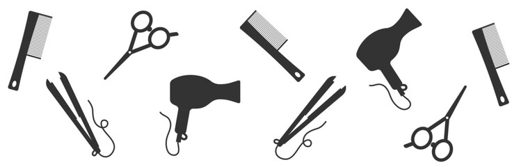 black and white hairdresser tools. Barber shop icon set, outline thin line isolated vector sign symbol