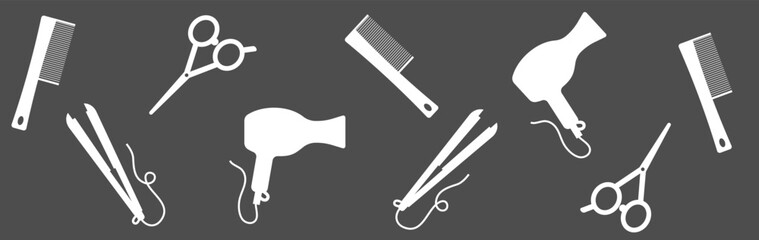 black and white hairdresser tools. Barber shop icon set, outline thin line isolated vector sign symbol