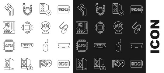 Set line Hard disk drive HDD, Laptop, Computer mouse, Case of computer, Processor with CPU, Motherboard digital chip, LAN cable network internet and Web camera icon. Vector
