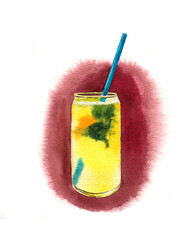 Refreshing yellow cocktail with mint leaves and a straw. Watercolor illustration.