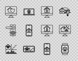Set line Smart home with wi-fi, watch smart house and alarm, Computer monitor light bulb, Mobile phone, under protection, temperature, and icon. Vector