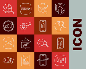 Set line Browser with stocks market, Mobile trading, Search people, Work search, Financial growth dollar, Graph chart infographic, globe and icon. Vector