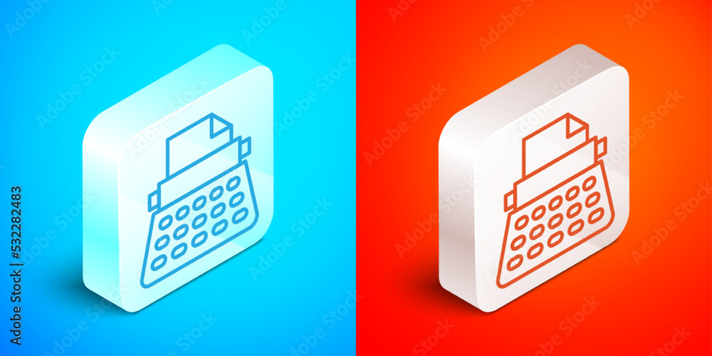 Poster isometric line retro typewriter and paper sheet icon isolated on blue and red background. silver squ