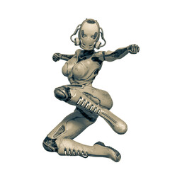 super gynoid is doing a comic jump