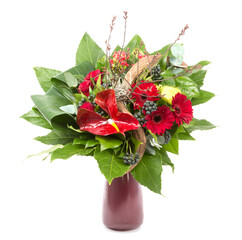 Bunch of different colorful flowers in a vase isolated on transparent background