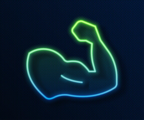 Glowing neon line Bodybuilder showing his muscles icon isolated on blue background. Fit fitness strength health hobby concept. Vector