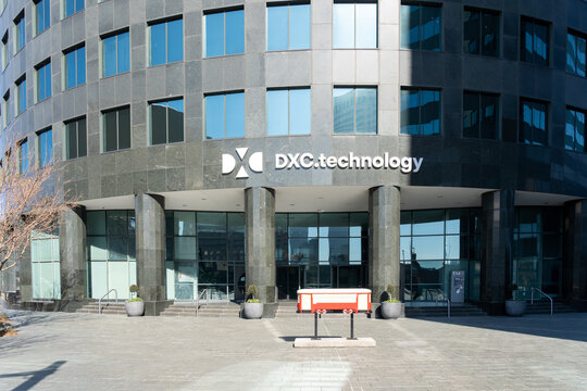 New Orleans, LA, USA - February 12, 2022: DXC Technology office building in New Orleans, LA, USA. DXC Technology is an American multinational information technology services and consulting company.  