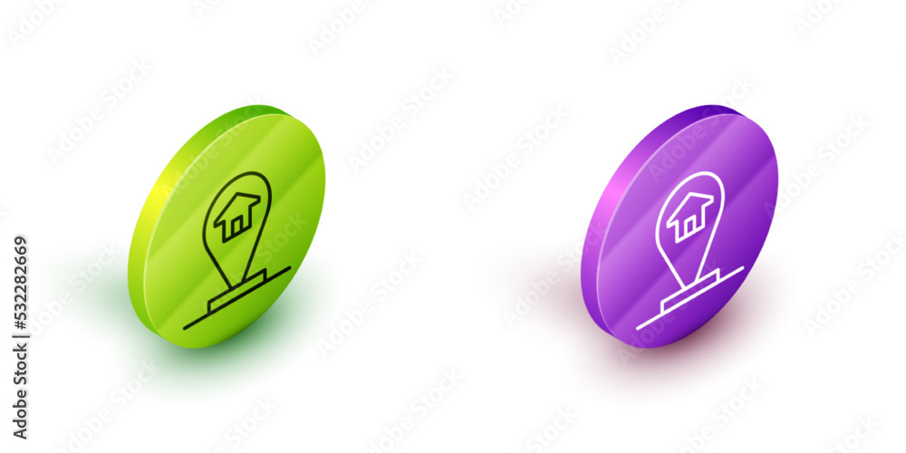 Poster isometric line map pointer with house icon isolated on white background. home location marker symbol