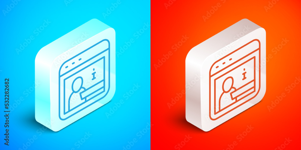 Aufkleber isometric line information icon isolated on blue and red background. silver square button. vector
