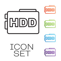 Black line Hard disk drive HDD icon isolated on white background. Set icons colorful. Vector