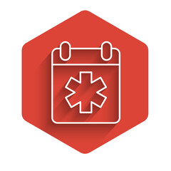 Obraz premium White line Doctor appointment icon isolated with long shadow background. Calendar, planning board, agenda, consultation doctor. Red hexagon button. Vector