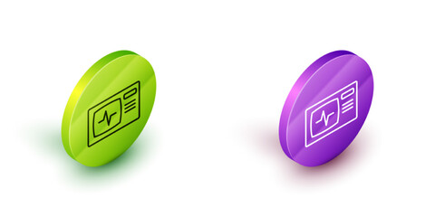 Isometric line Computer monitor with cardiogram icon isolated on white background. Monitoring icon. ECG monitor with heart beat hand drawn. Green and purple circle buttons. Vector