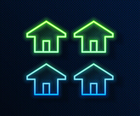 Glowing neon line House icon isolated on blue background. Real estate agency or cottage town elite class. Vector