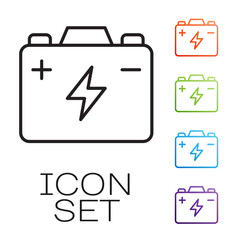 Black line Car battery icon isolated on white background. Accumulator battery energy power and electricity accumulator battery. Set icons colorful. Vector