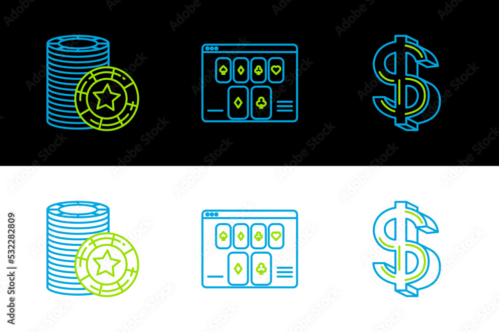 Poster Set line Dollar symbol, Casino chips and Online poker table game icon. Vector