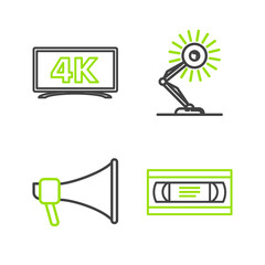 Set line VHS video cassette tape, Megaphone, Table lamp and icon. Vector