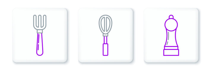 Set line Pepper, Fork and Kitchen whisk icon. Vector