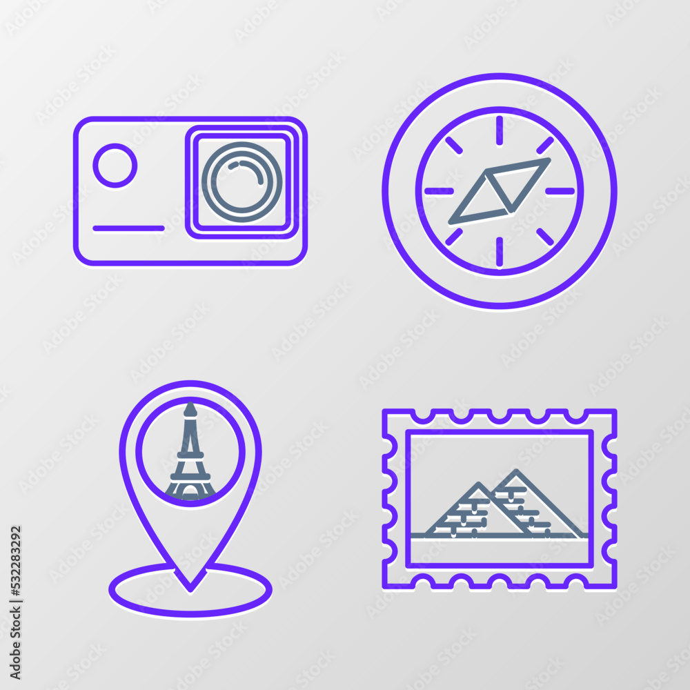 Sticker Set line Postal stamp and Egypt pyramids, Map pointer with Eiffel tower, Compass and Action extreme camera icon. Vector