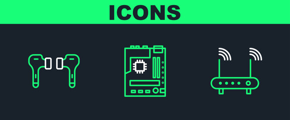Set line Router and wi-fi signal, Air headphones and Motherboard icon. Vector