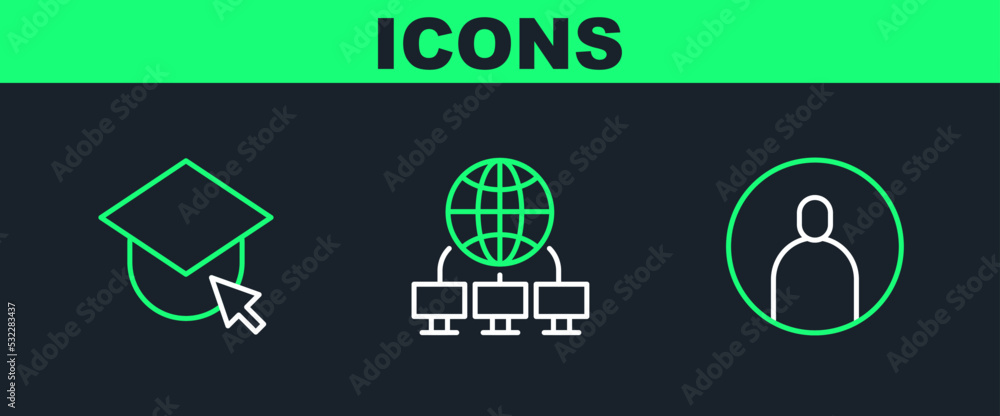 Poster set line create account screen, graduation cap on globe and computer network icon. vector