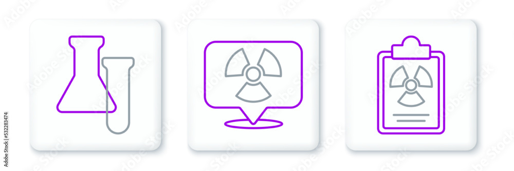 Poster set line radiation warning document, test tube and flask and radioactive location icon. vector