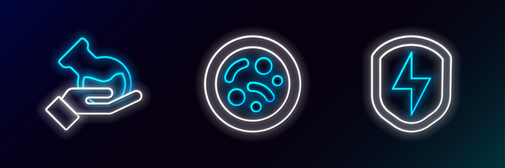 Set line Secure shield with lightning, Test tube and flask and Bacteria icon. Glowing neon. Vector