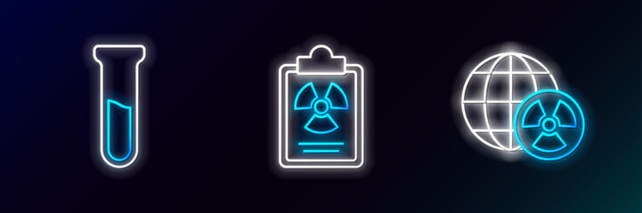 Set line Planet earth and radiation, Test tube flask and Radiation warning document icon. Glowing neon. Vector