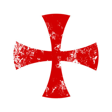 Red grunge medieval maltese Templar cross. Christianity sign. Knights templar crusader symbol. Christian military order. Isolated on white background. Vector illustration.